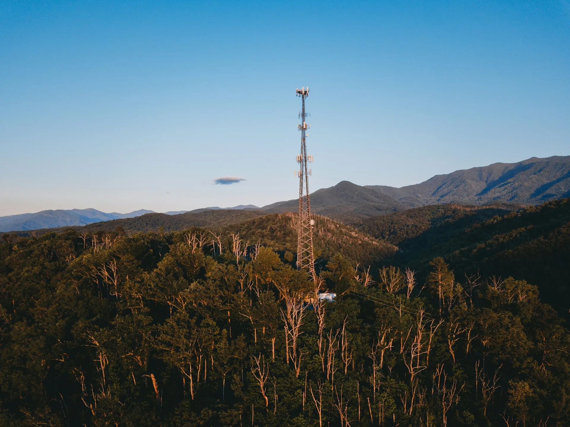 Torre de telecomunicações com antenas contra o céu, representando infraestrutura de rede distribuída